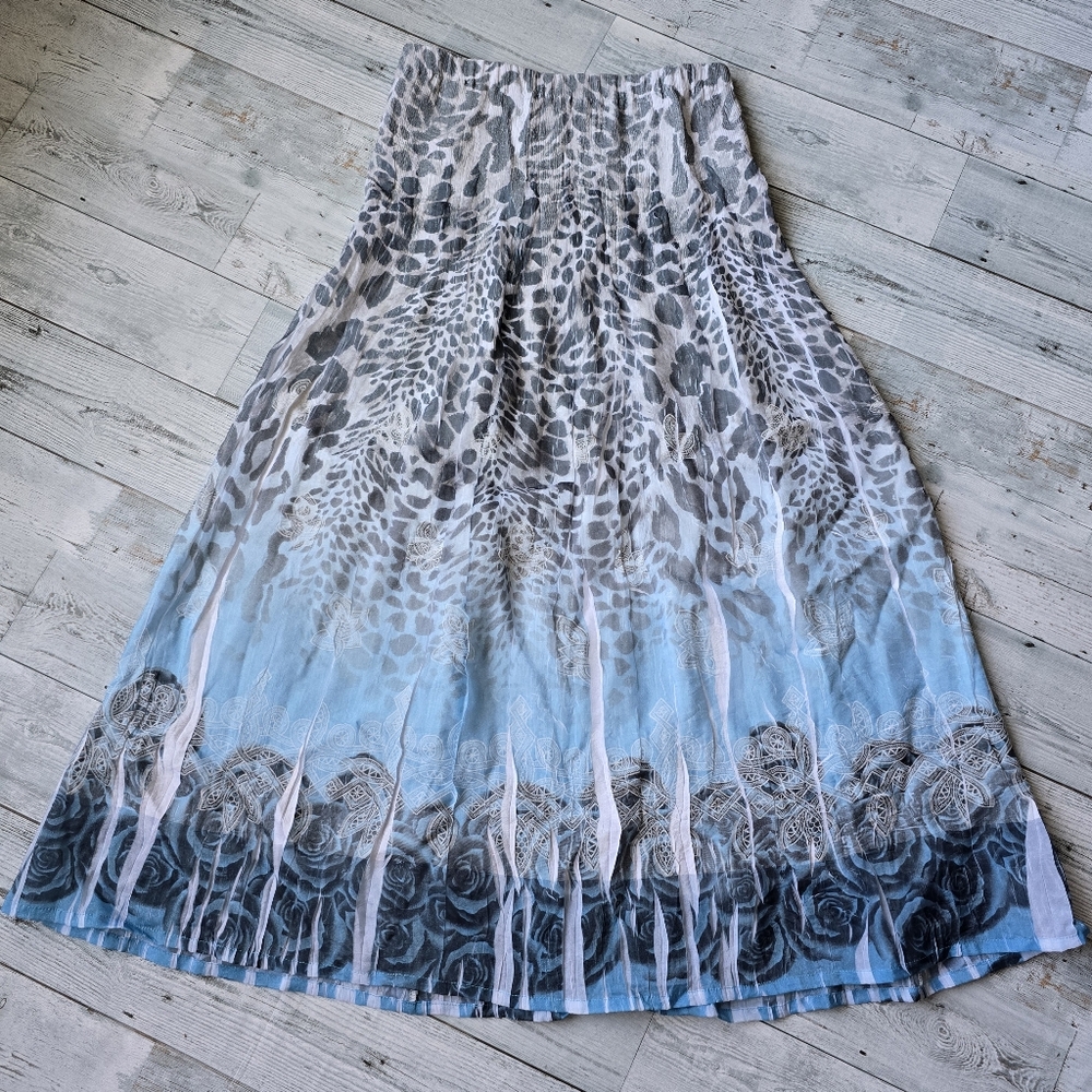 Queenspark Leopard Print Floral Blue Maxi A-line Skirt Womens Medium